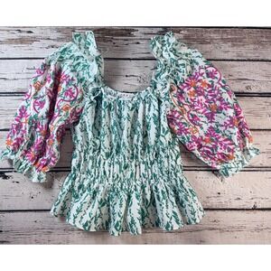 THML Small Green White Floral Pink Embroidered Puff Sleeve Peplum Top‎
